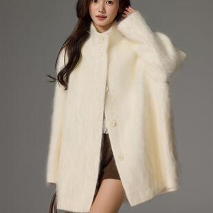 2025秋冬新款羊绒拉绒大衣女中长款时尚立领宽松加厚羊毛呢子外套