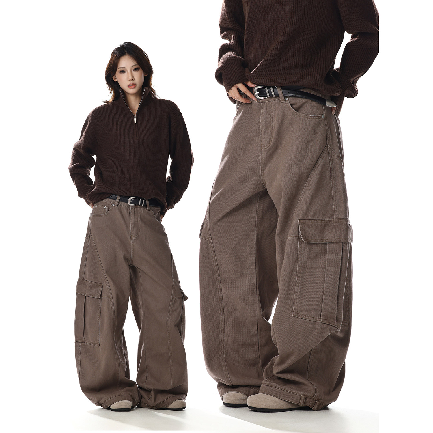 美式复古棕色解构设计感阔腿水洗工装裤女宽松直筒休闲百搭长裤子,女装/女士精品,休闲裤,淘宝优惠券,粉丝福利购,淘宝优惠卷