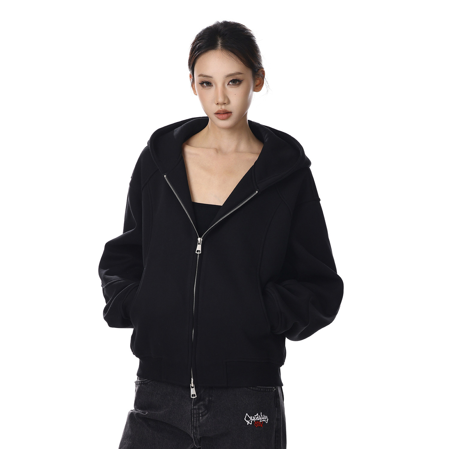 美式复古黑色开衫卫衣女纯色简约落肩袖连帽宽松休闲通勤短款外套,女装/女士精品,短外套,淘宝优惠券,粉丝福利购,淘宝优惠卷