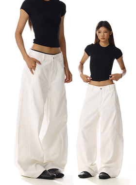 美式复古简约白色弯刀牛仔裤男女新款潮牌宽松阔腿直筒休闲长裤子