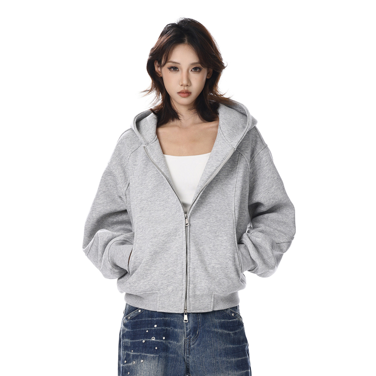 美式复古灰色开衫卫衣女纯色简约落肩袖连帽宽松休闲通勤短款外套,女装/女士精品,短外套,淘宝优惠券,粉丝福利购,淘宝优惠卷