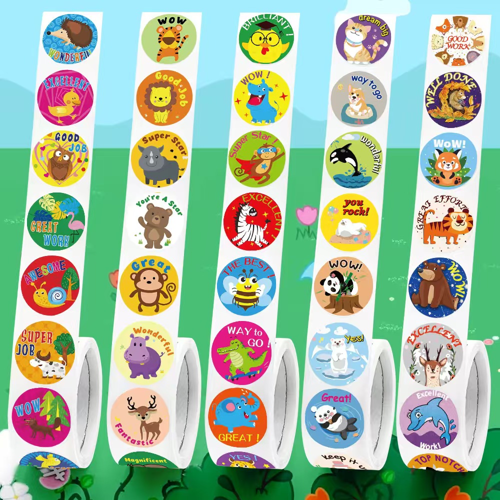 1000PCS,1英寸，可爱贴纸，动物贴纸，卡通可爱学校奖励标签贴纸