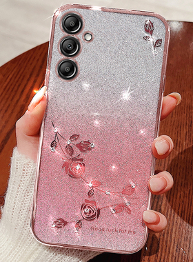 三星GalaxyA16手机壳透明电镀高端保护套适用A16新款奢华镶钻全包防摔渐变闪粉高级感女时尚个性创意玫瑰花潮