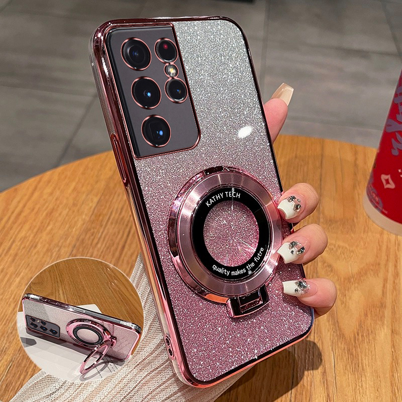 三星s21Ultra新款手机壳高端渐变闪粉时尚适用S21+硅胶磁吸支架S21FE全包超薄软壳Galaxys21防摔奢华女保护套