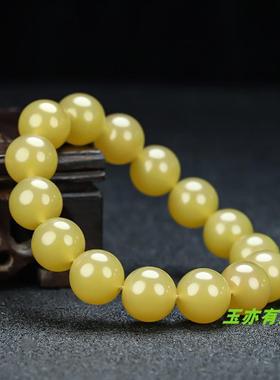 2025新疆和田玉黄玉手链天然玉石米黄玉14mm珠子手串戈壁玉糖料手