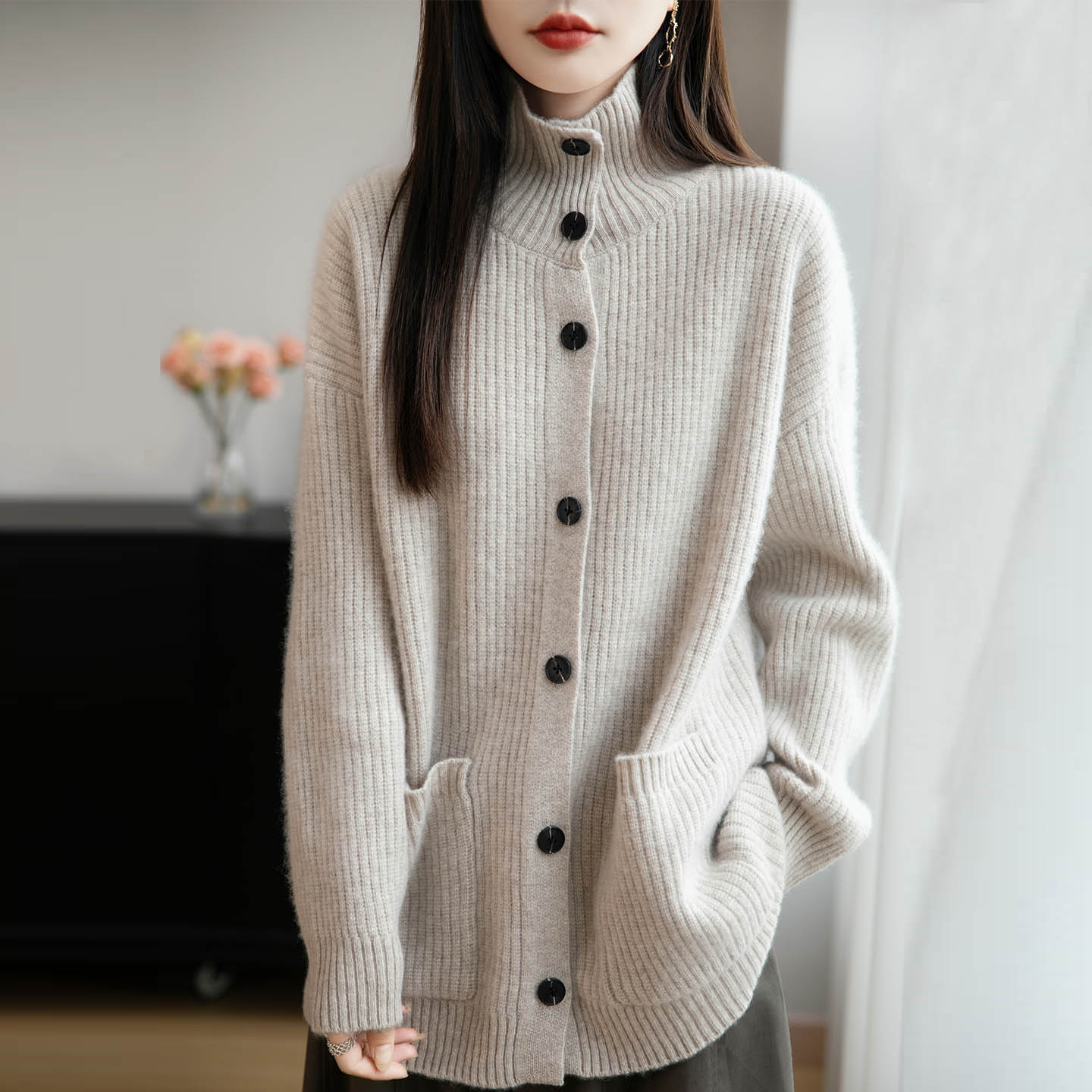 秋冬季立领纯羊毛衫女开衫外套