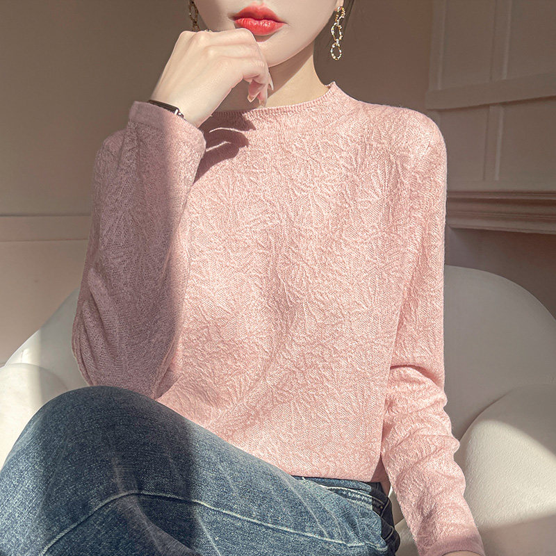 立领莱赛尔天丝针织衫女春季长袖薄款上衣宽松勾花外穿百搭打底衫