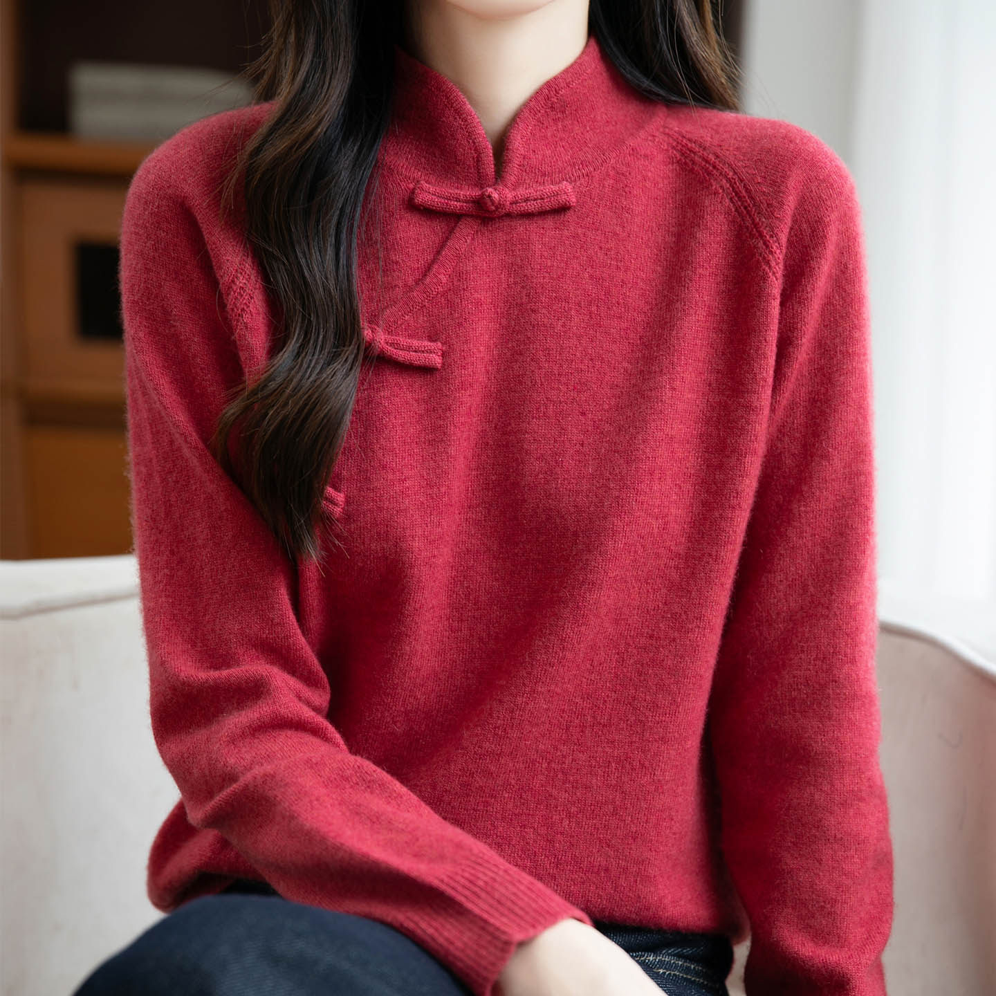 立领纯羊毛衫女秋冬新中式毛衣