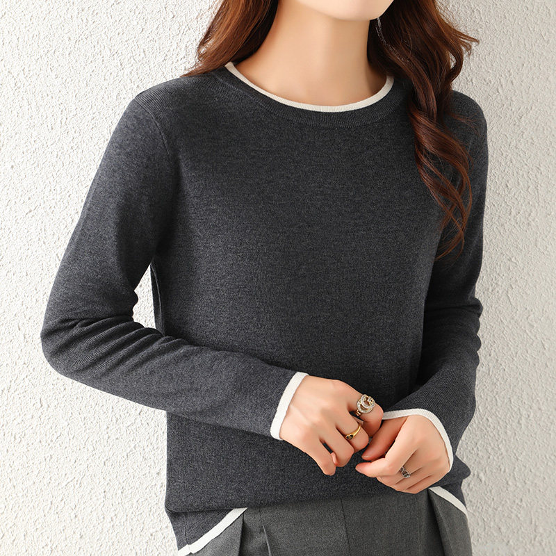 圆领精纺羊毛衫女春秋季薄款内搭假两件上衣宽松显瘦针织打底毛衣