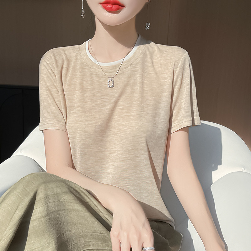 圆领针织衫短袖女T恤夏季薄款外穿拼色半袖宽松显瘦内搭时尚上衣