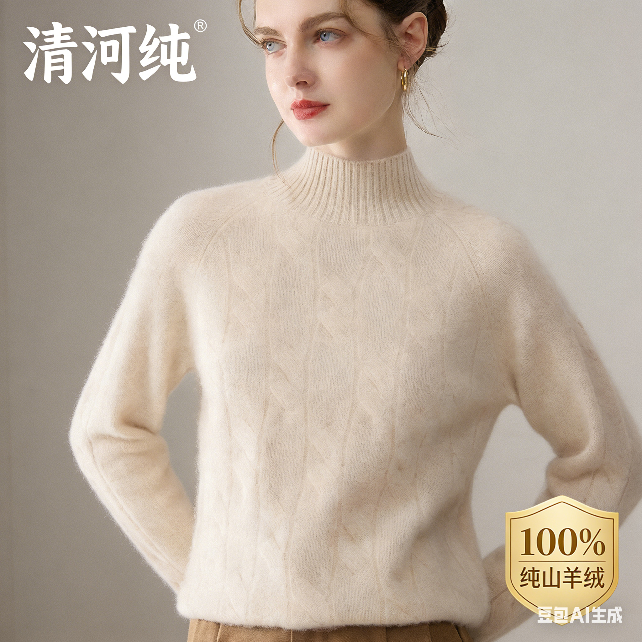 顶奢baby小山羊！半高领纯羊绒打底衫女秋冬绞花加厚保暖针织毛衣