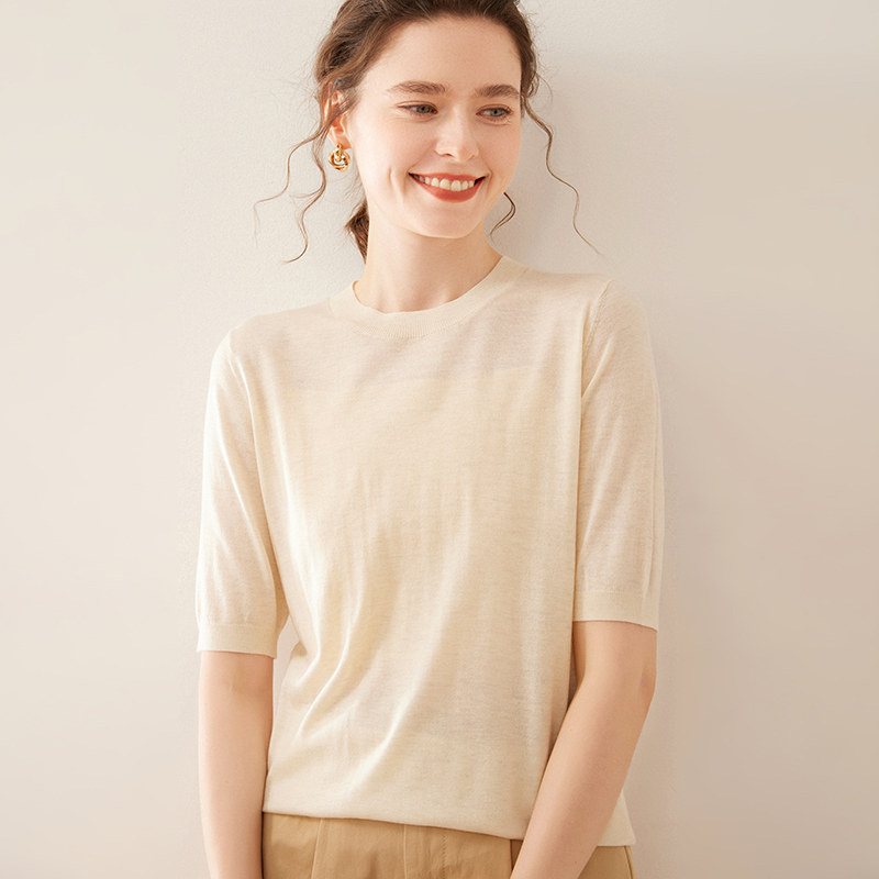 圆领精纺桑蚕丝羊绒衫短袖女夏季薄款外穿上衣宽松显瘦针织打底衫