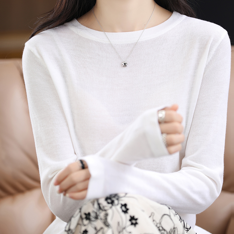 2025春夏季薄款圆领精纺羊毛衫女士长袖套头毛衣宽松显瘦针织上衣
