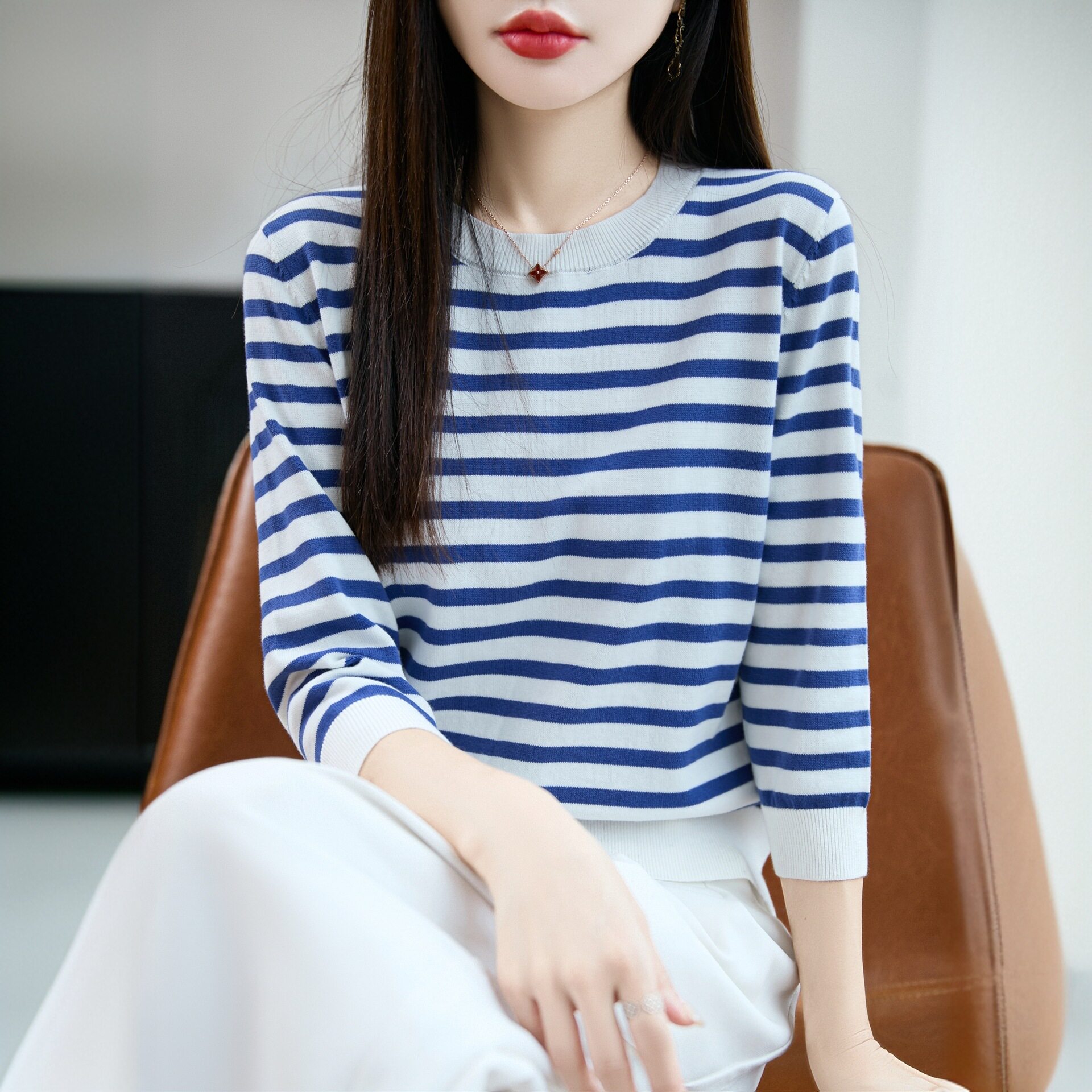 圆领100%纯棉针织衫女早秋外穿七分袖条纹上衣宽松显瘦内搭打底衫