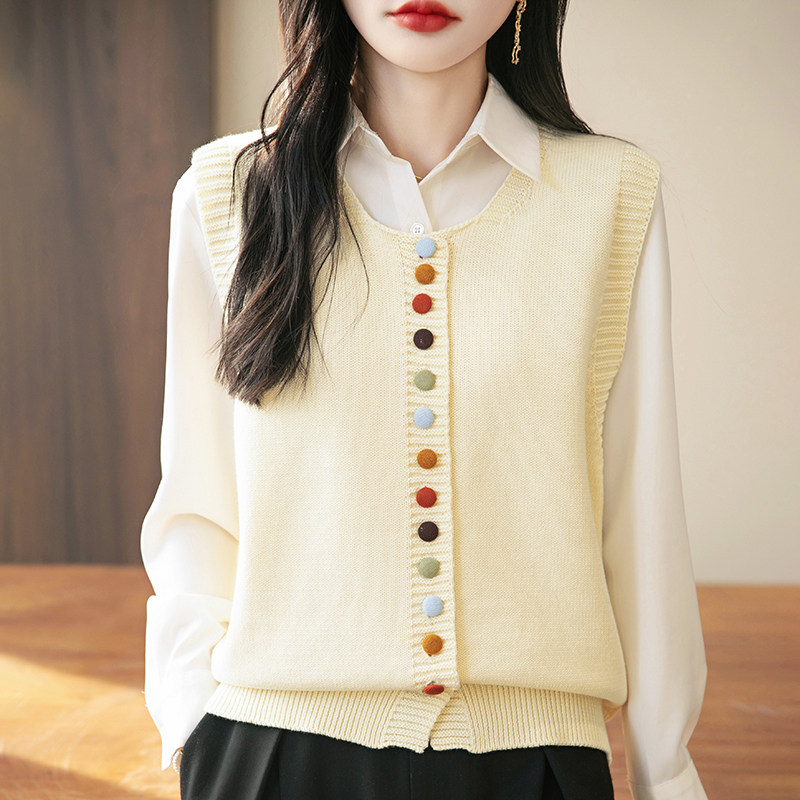 圆领100%纯棉马甲开衫女春季外穿无袖上衣宽松显瘦彩扣针织衫坎肩