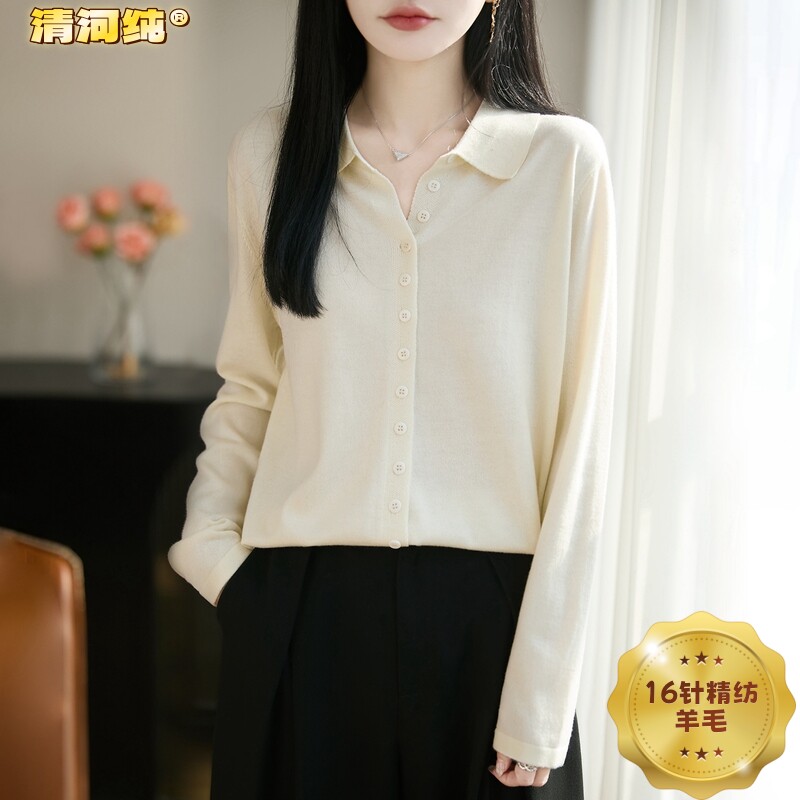 专柜质感！清河纯16针精纺羊毛开衫女春秋季修身显瘦翻领针织上衣
