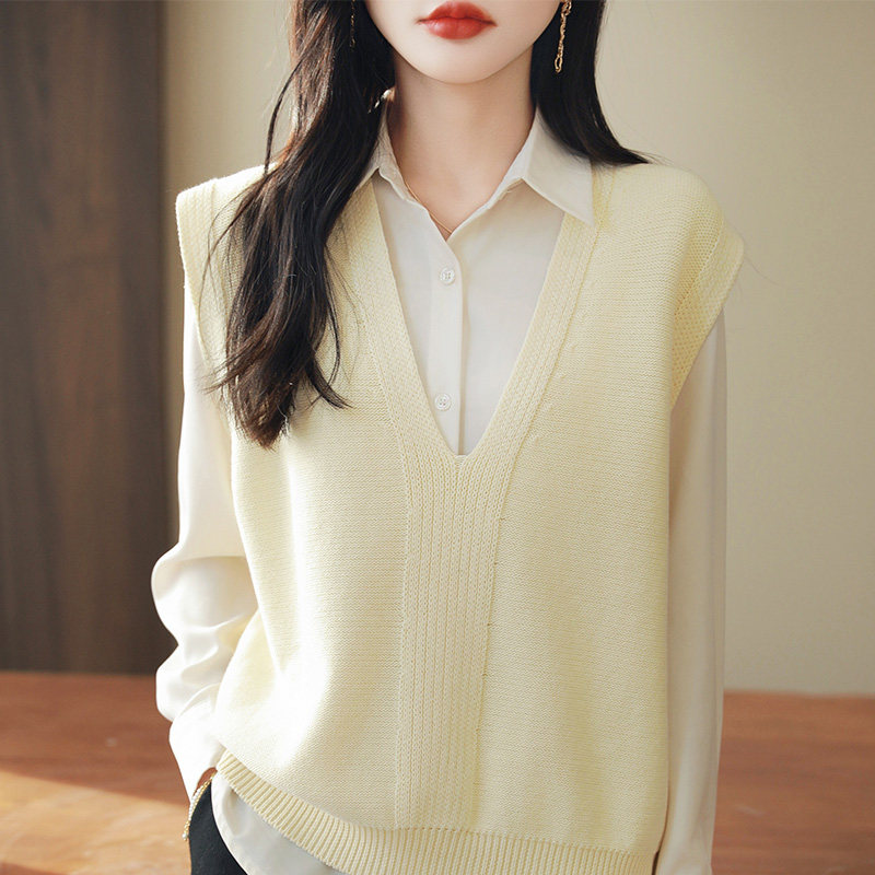 V领100%纯棉马甲女背心春季叠穿显瘦上衣宽松外穿无袖针织衫坎肩