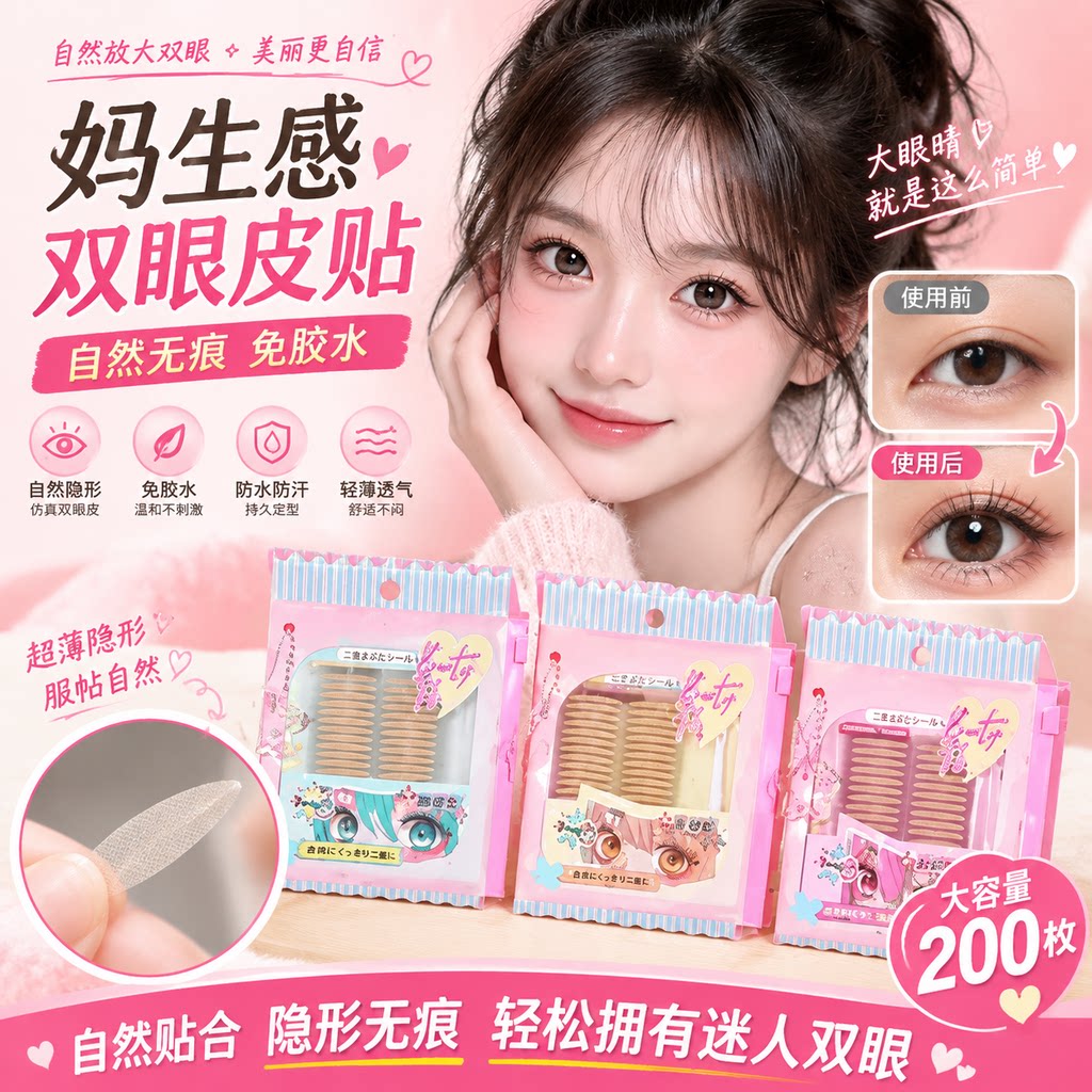 正品双眼皮贴妈生感200枚自然无痕免胶水双眼皮隐形贴合肿眼泡美