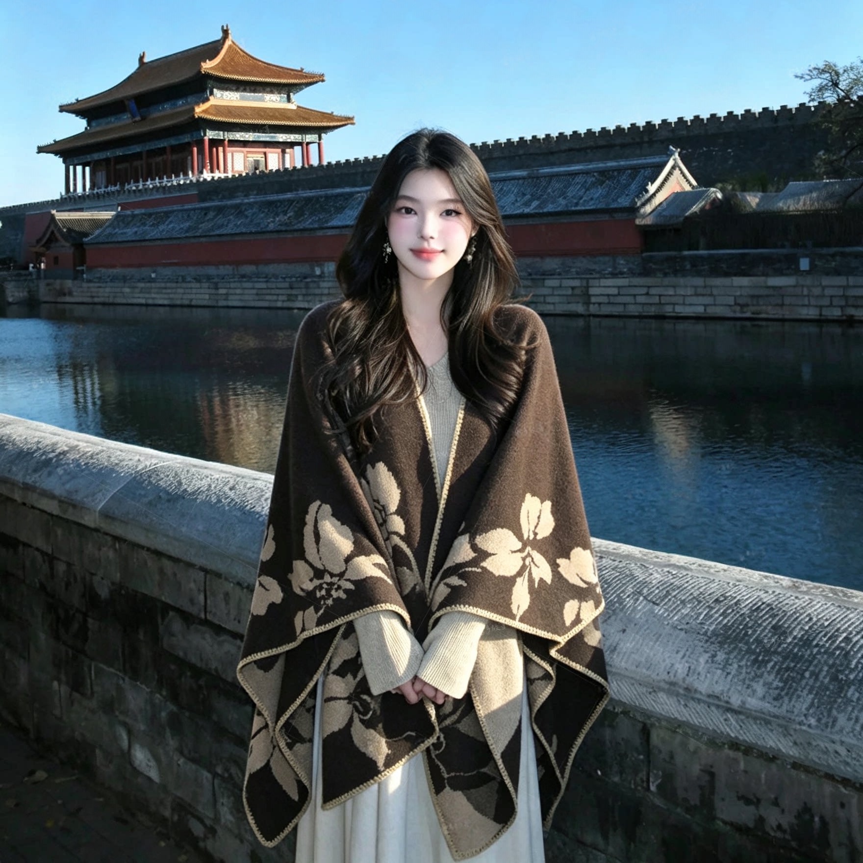 北京故宫旅拍新中式披肩提花斗篷