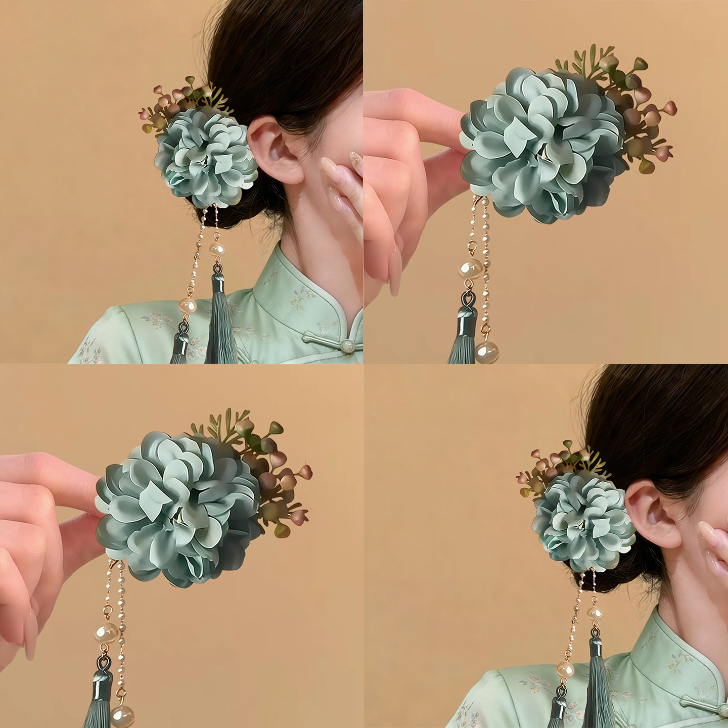 清雅绿色花朵珍珠流苏发卡