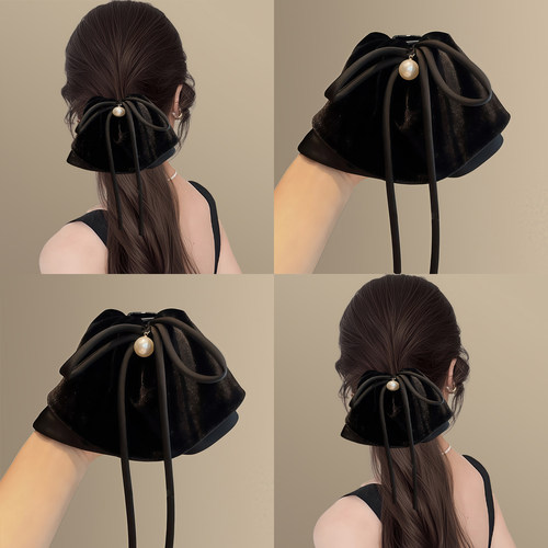 雾凇茶！复古珍珠丝绒飘带抓夹