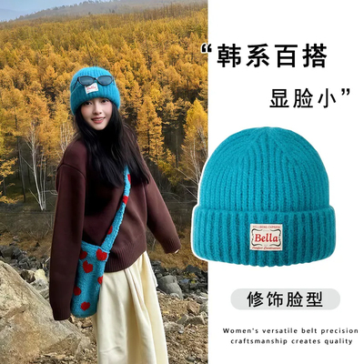 亮眼湖蓝色毛线帽～秋冬大头围帽
