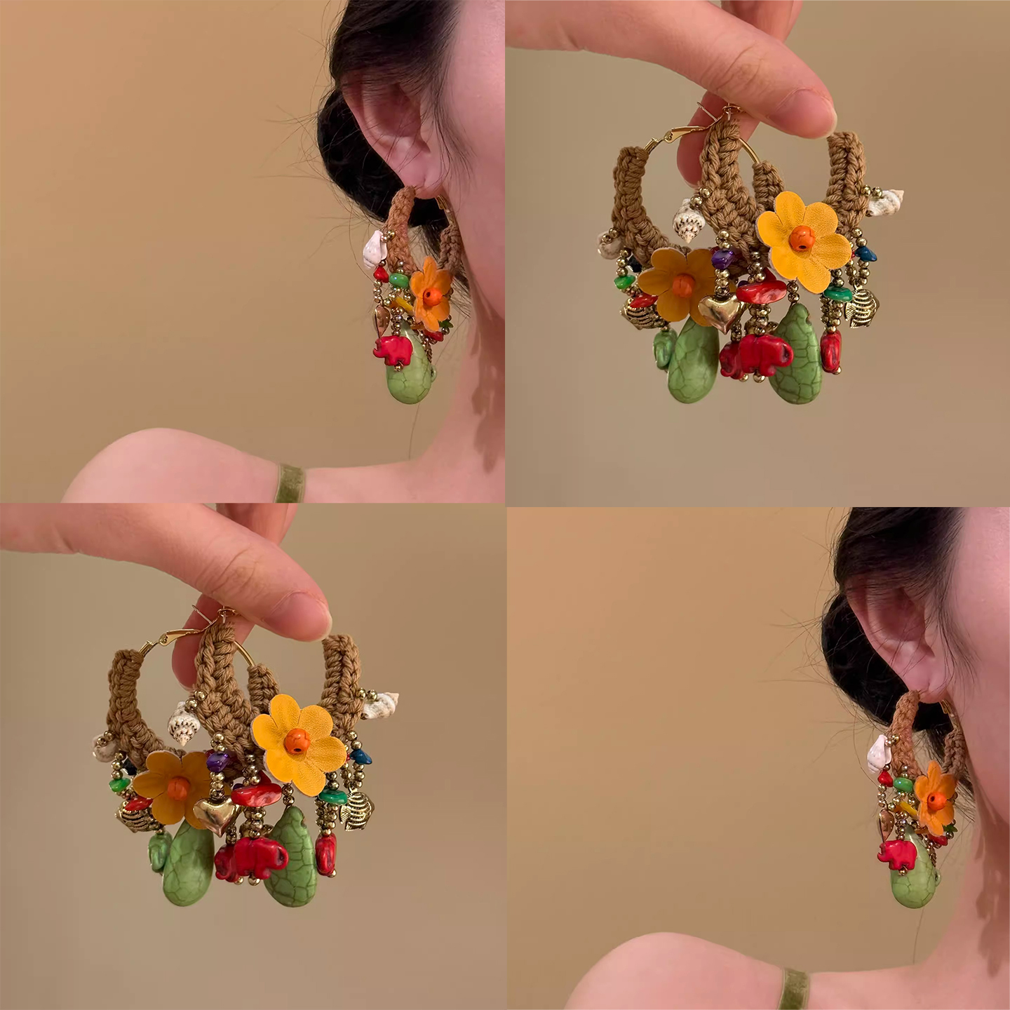 扶桑花林！复古绿色花朵流苏耳圈