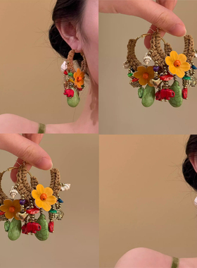 扶桑花林！复古绿色花朵流苏耳圈女海边度假风耳环设计感耳饰拎环