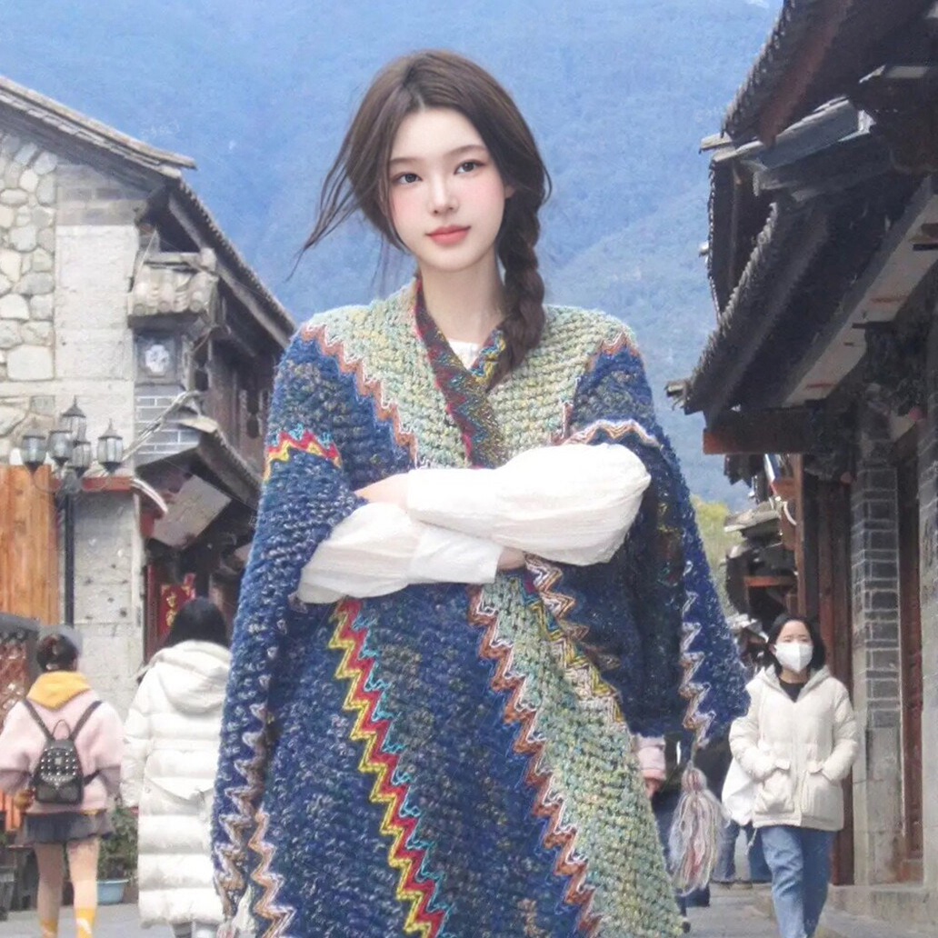 古镇、雪山、湖边都适配万能披肩