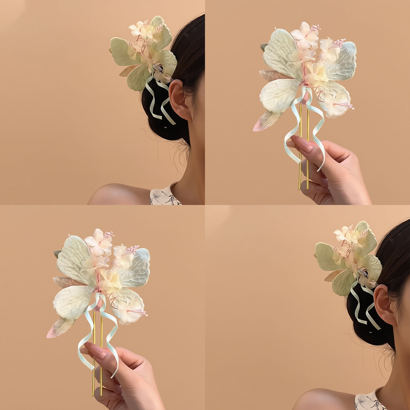 花间浮梦！浅绿色绒花蝴蝶发钗