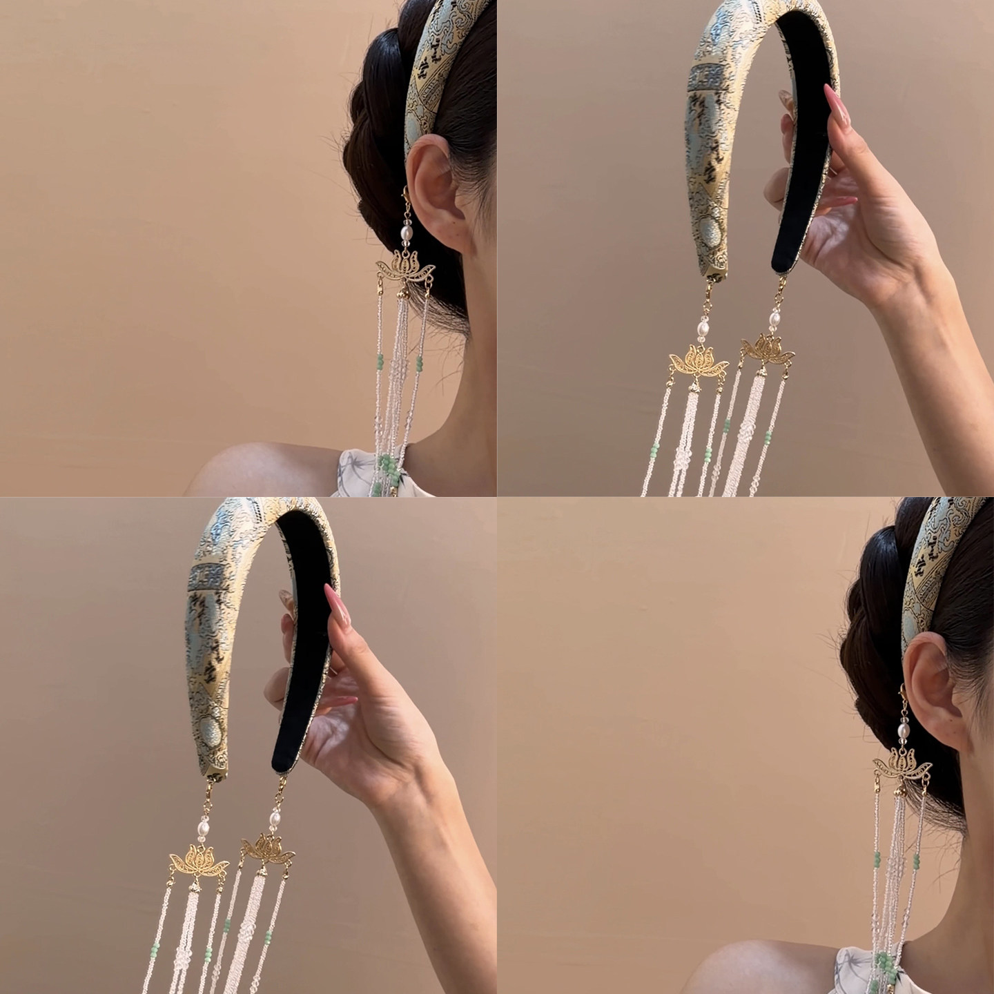 清浅锦绣~浅黄提花金色莲花发箍