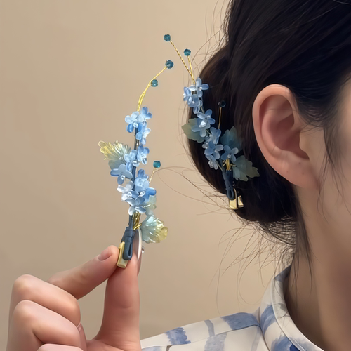 蓝调风信子！蓝色花豆蝴蝶发夹
