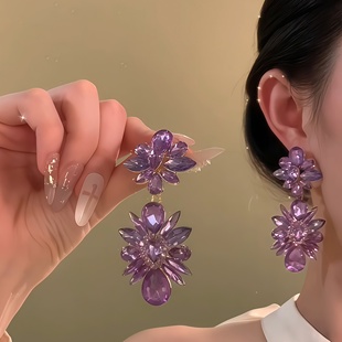 直击内心的紫色！温柔花朵钻石耳环气质夸张重工耳坠百搭耳饰拎环