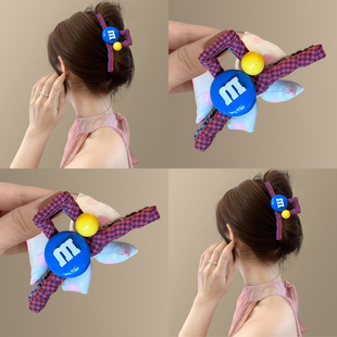 精致M豆蝴蝶结双拼格子抓夹2025新款 甜甜M豆 后脑勺盘发鲨鱼夹
