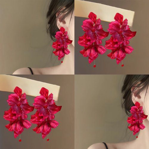 生而明媚！红色花朵流苏耳环