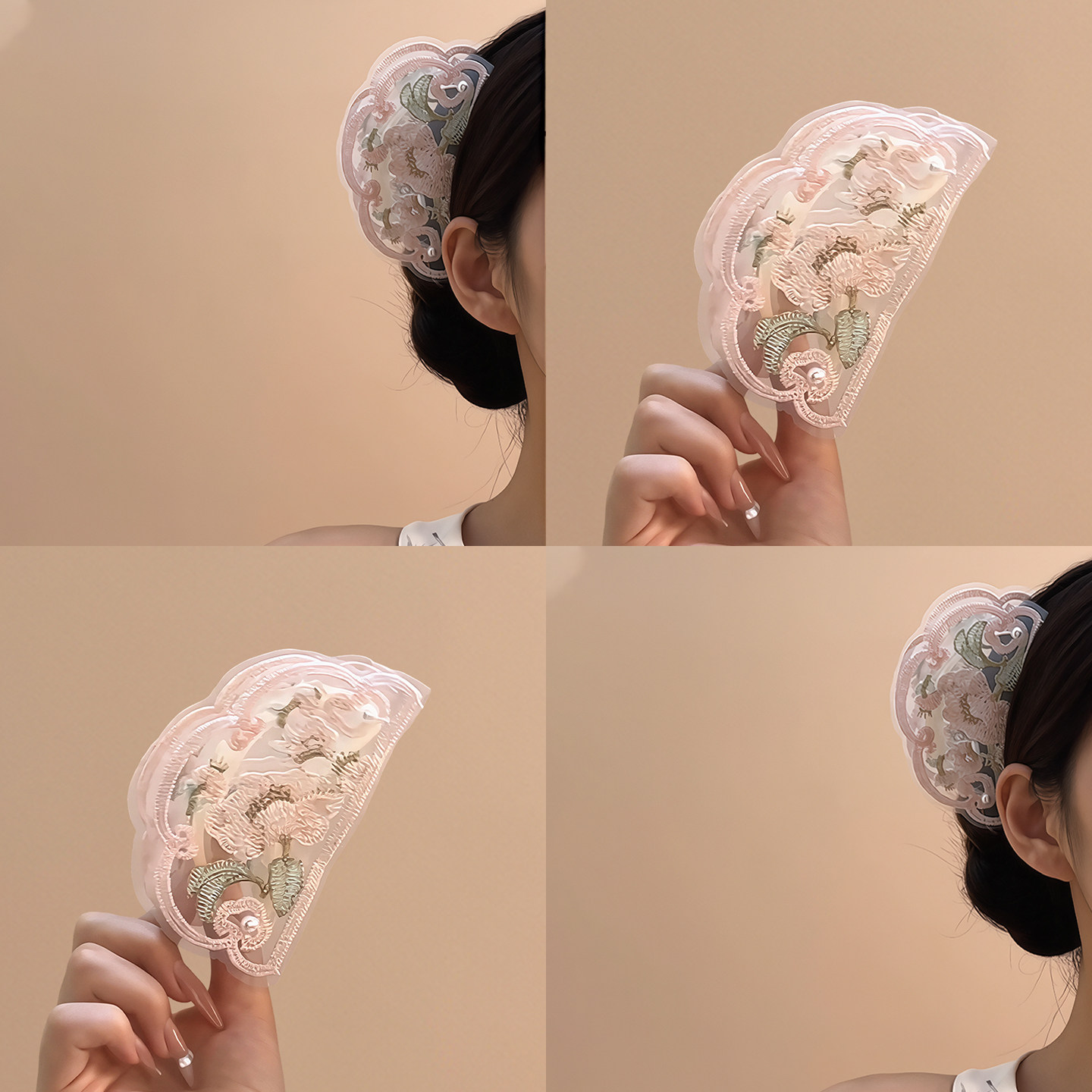 芳扇凝香!新中式粉色刺绣抓夹