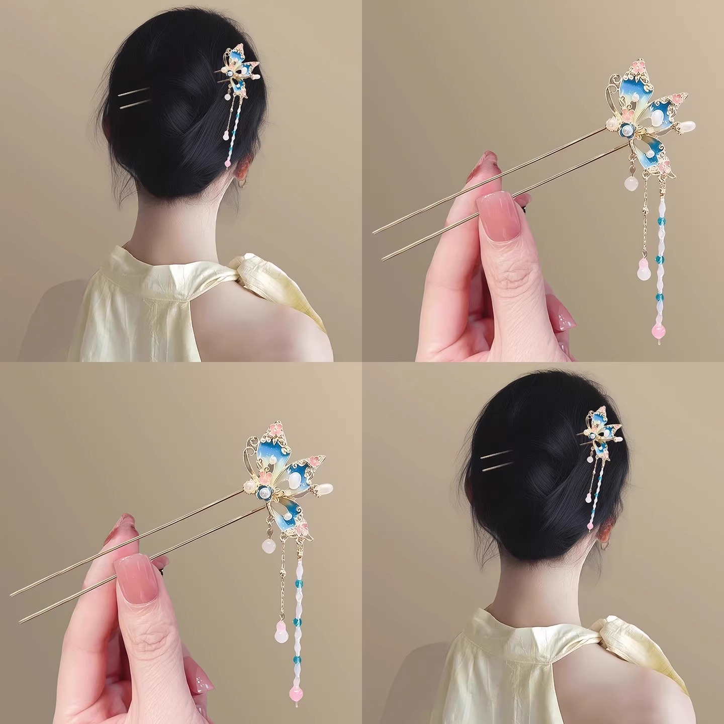 夏日热恋！古风蝴蝶流苏u型发簪