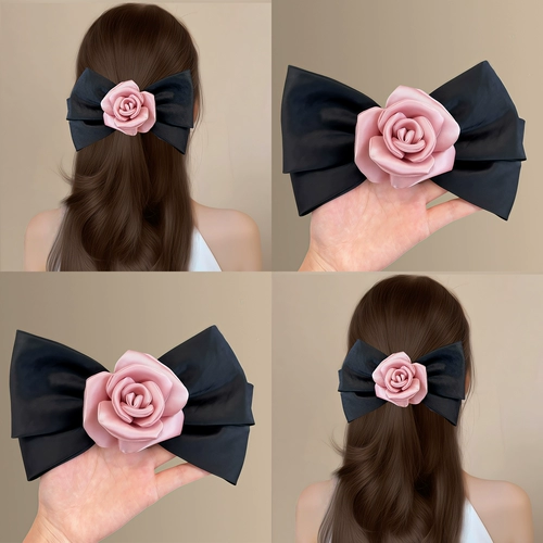 Розовый душ!Заколка для волос в корейском стиле с бантиком, элегантная атласная заколка для волос в форме розы, повседневная заколка для волос и кольцо.