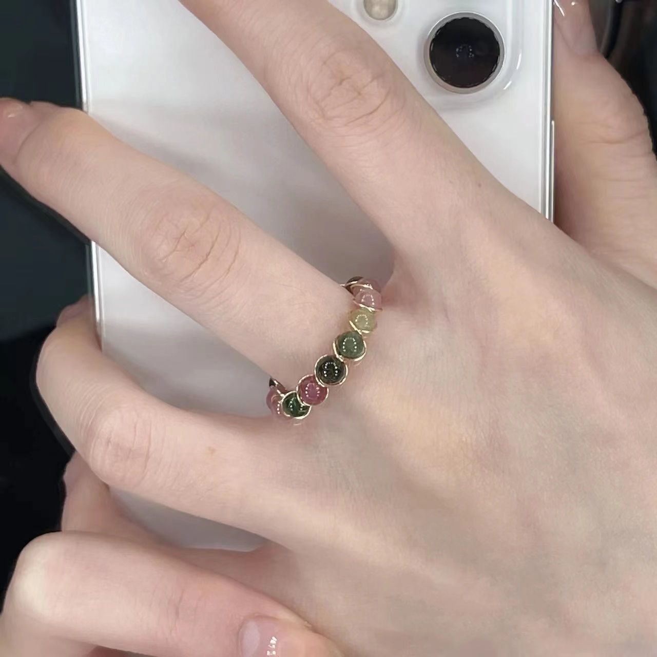 小红书同款彩虹碧玺戒指时尚多宝串珠戒指小众高级感食指戒女拎环