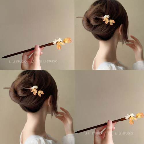 花朵盘发木簪木质古风发饰