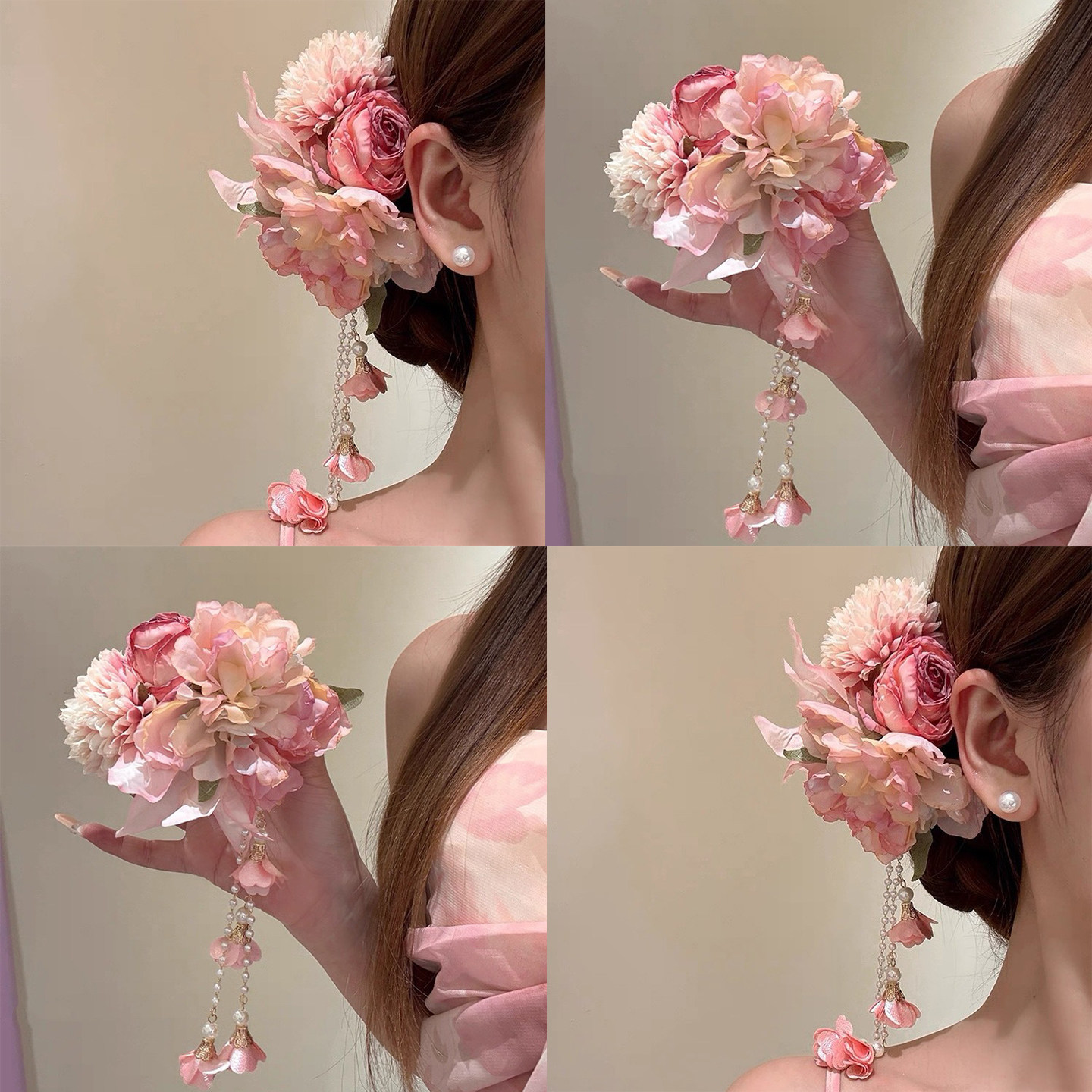 繁华！超仙粉色牡丹花朵流苏头花发夹女新中式绝美发卡盘发侧边夹,家庭/个人清洁工具,盘发器,淘宝优惠券,粉丝福利购,淘宝优惠卷