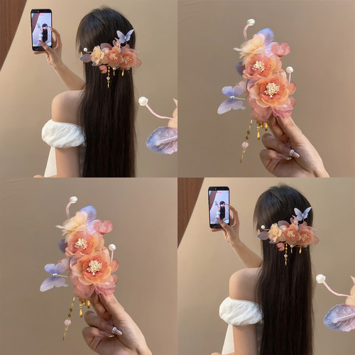 暮花醉影！超仙橘色烫纱牡丹发夹