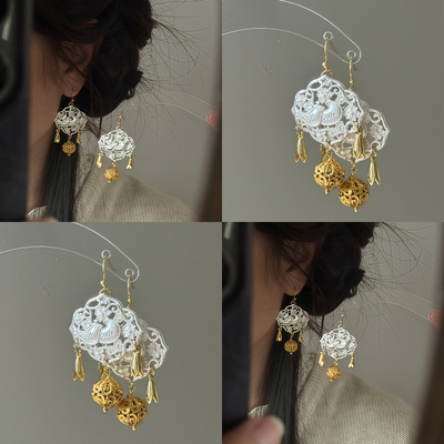 双雀戏花梢！新中式鎏金绣球耳环