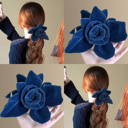蓝玫瑰！韩系蓝色丝绒花朵抓夹