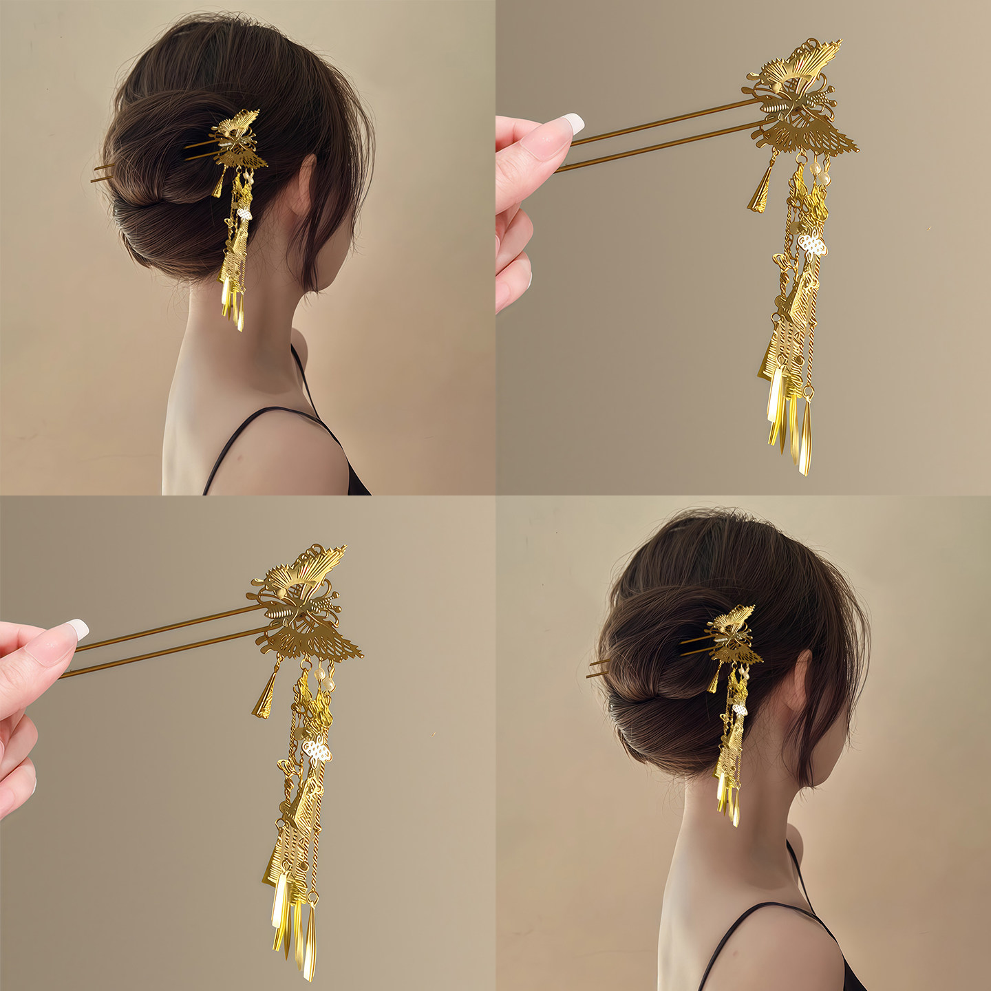 华美金簪新中式金色蝴蝶流苏发簪
