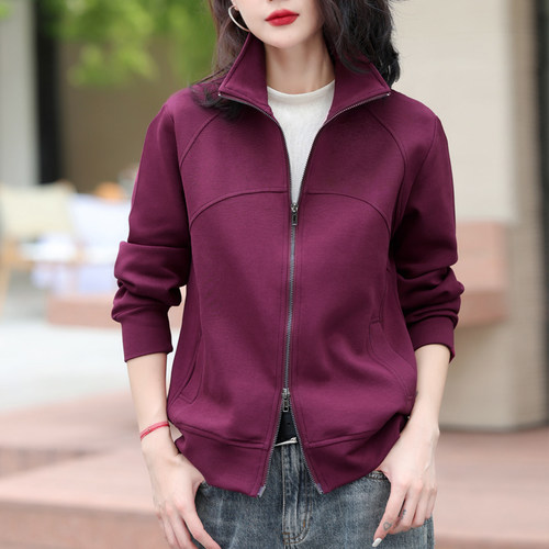 春秋新款外套女休闲百搭长袖上衣时尚洋气立领双拉链开衫卫衣外套