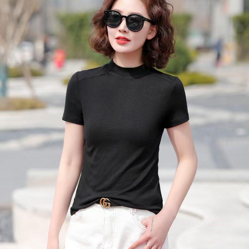 莫代尔半高领T恤螺纹短袖上衣春夏款纯色薄款女修身显瘦百搭打底