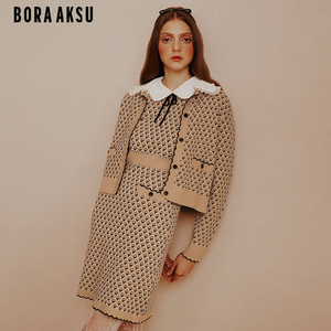 BORAAKSU2024春季新品复古彼得潘领提花卡其针织连衣裙B1EBW04090