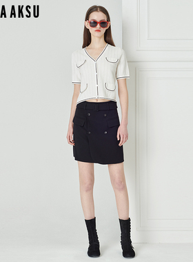 BORAAKSU2023初夏新品法式黑白拼色镂空V领短袖针织衫B1DDW08450