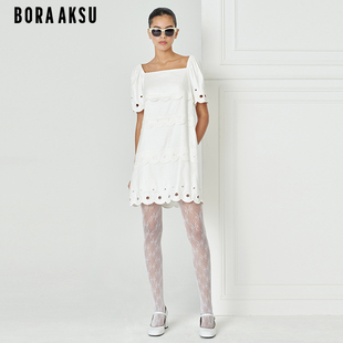 BORAAKSU2023夏季 法式 泡泡袖 镂空边天然亚麻连衣裙B1DCW64200 新品